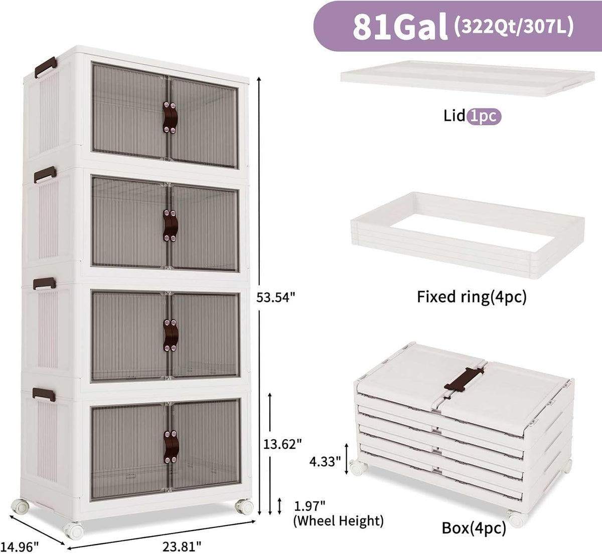 Luxdecor 185Qt Storage Bins With Lids-Stackable Plastic Storage Bins on Wheels, Closet Organizers and Storage,Collapsible Storage Cabinet with Doors for Home Office Garage Under Stairs,3 Tier White - Field & Nook