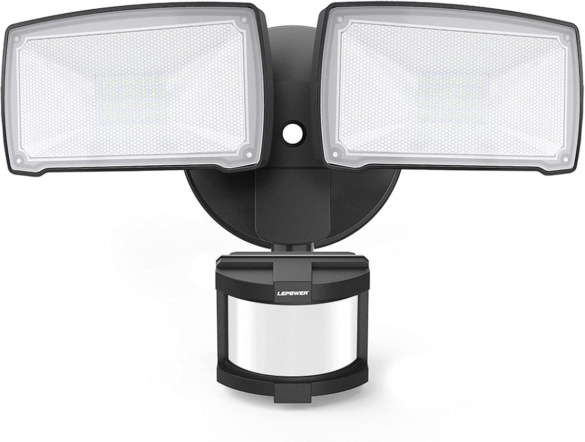 LEPOWER LED Security Lights Motion Sensor Light Outdoor, 30W 3200LM Motion Security Light, 5500K, IP65 Waterproof, 2 Head Motion Detector Flood Light for Garage, Yard, Porch, Black (Not Solar Powered)