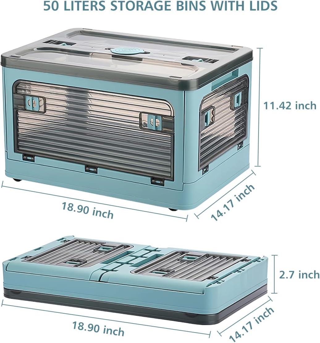 Folding Storage Bins, 50 Liters, 2 Pcs Blue plastic Storage Containers with Wheels, Double Doors, Foldable, Stackable, Plastic Box with Lids for Organization, Storage Cart - Field & Nook