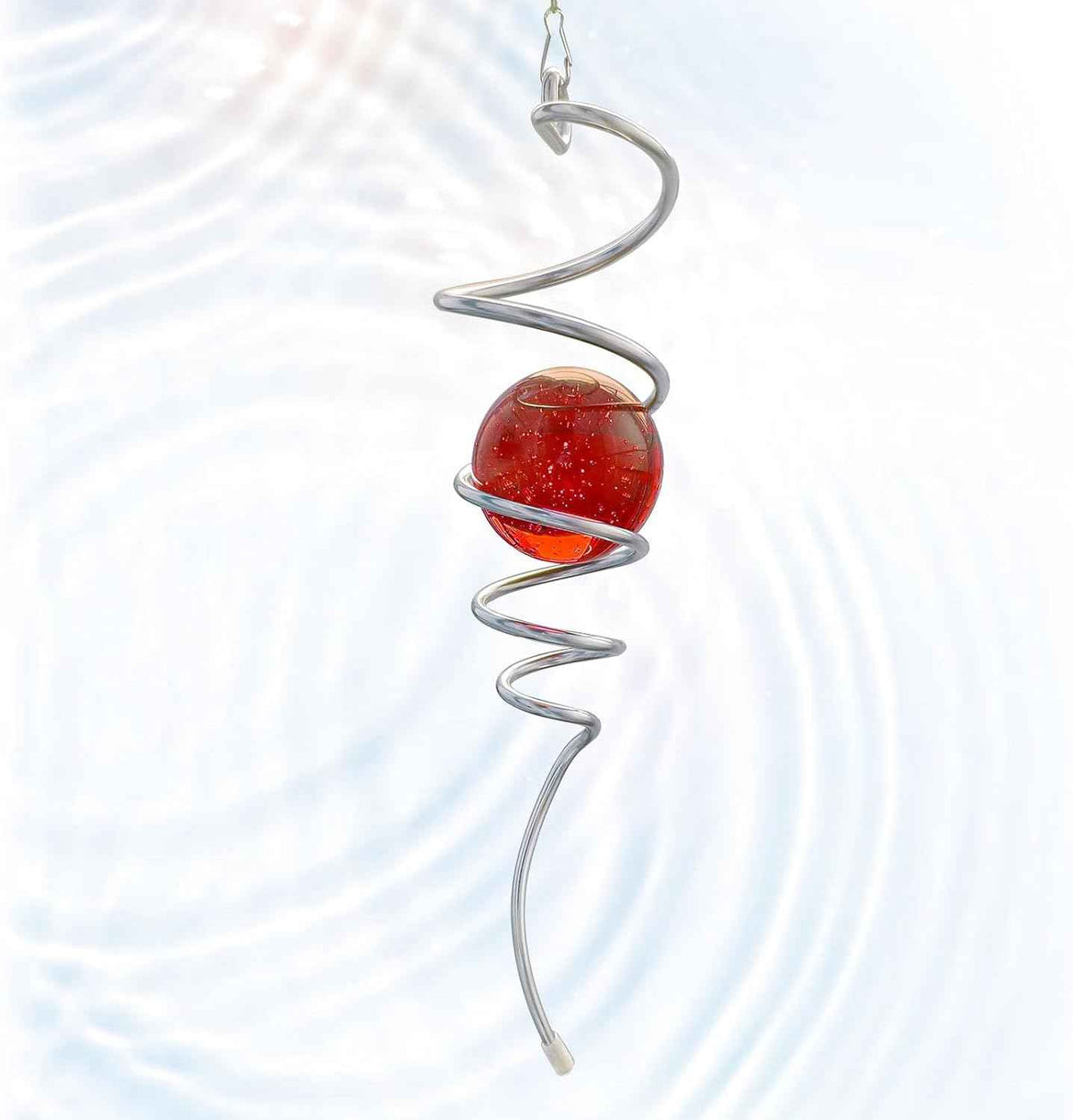 Gazing Ball Spiral Tail with Red Glass Orb - 13" Wind Spinner Stabilizer with Swivel Hook, Hanging Decor for Indoor Outdoor Garden Decor Rotating Art Ornament Christmas Décor & Unique Gift