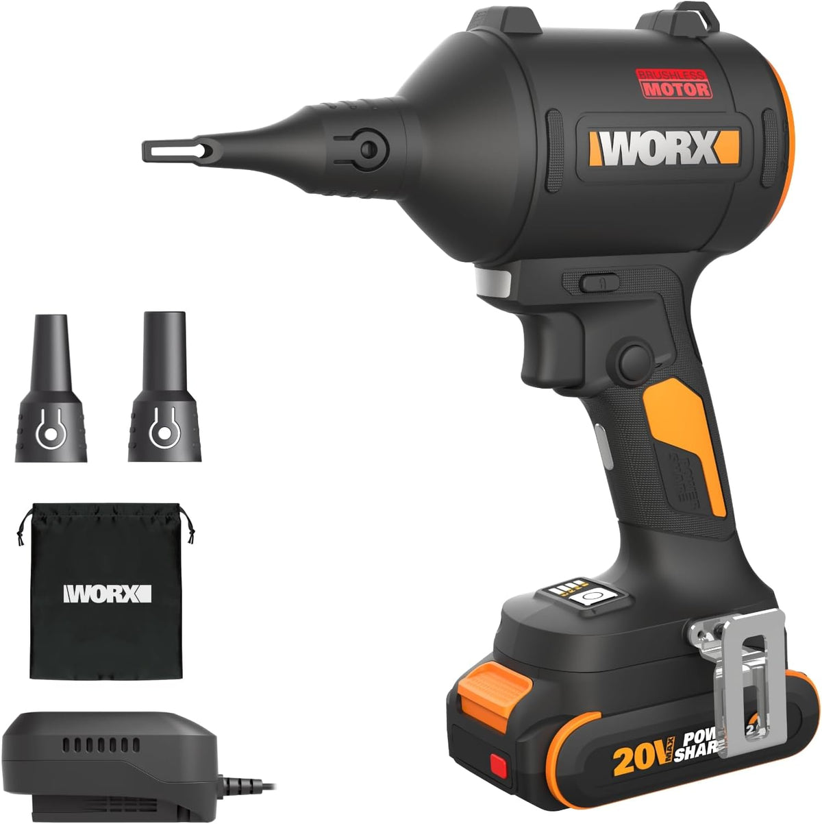WORX Cordless Blower/Inflator, 20V 39 CFM 470 MPH Brushless High Speed Portable Dust Cleaner for Workshop, Lawn, Yard, Home, Lightweight Handheld Blower, Battery and Charger Included,WX099L PowerShare