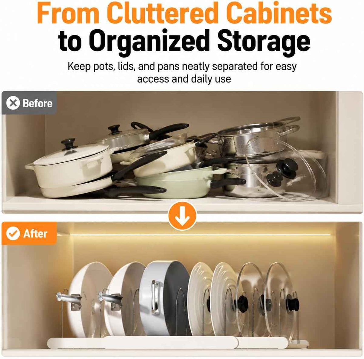 Expandable Pots and Pans Organizer, 9 Adjustable Slots, White