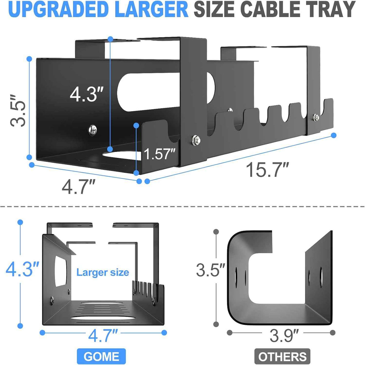 2-Pack Adjustable Under-Desk Cable Trays – Open-Metal Cord and Power-Strip Organizers