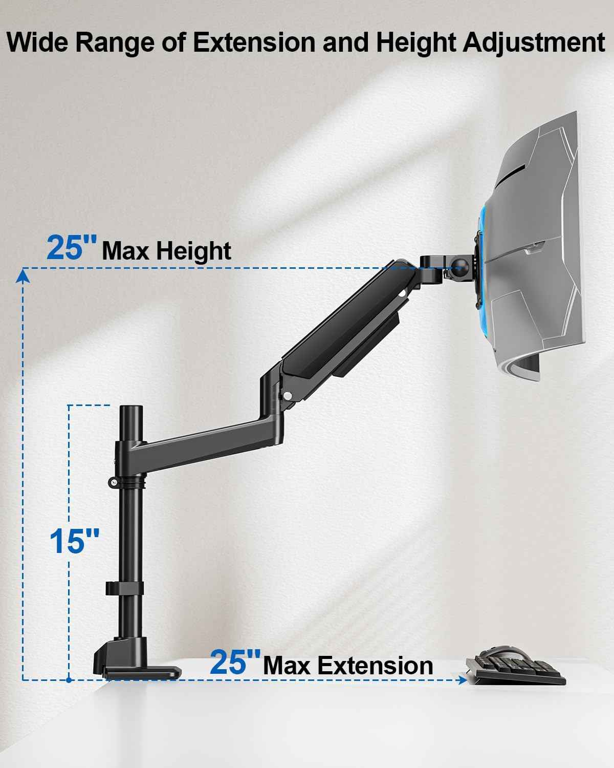 Heavy Duty Single Monitor Mount for Max 49" Ultrawide Screens | Hold 7.7 to 44 lbs, Premium Monitor Arm for Samsung Odyssey G9 and More, Adjustable Gas Spring Desk Stand, VESA Mount