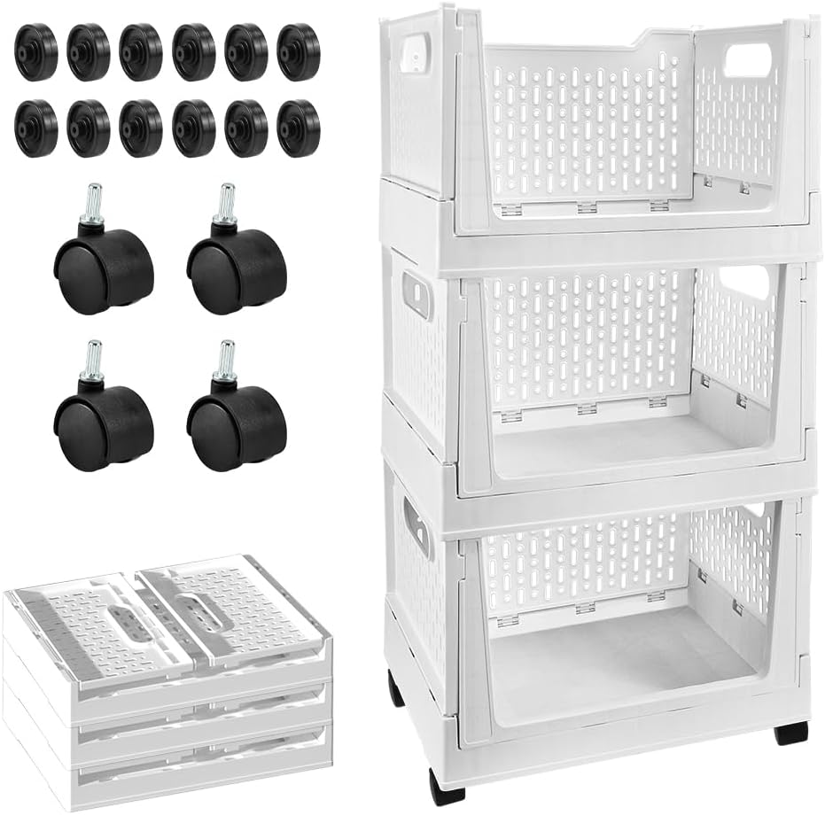 Stackable Plastic Storage Basket, 3 Pack Foldable Closet Organizers and Storage Bins with Wheels, Collapsible Drawer Shelf Storage Box Container for Office Bedroom Closet Wardrobe Kitchen Bathroom - Field & Nook