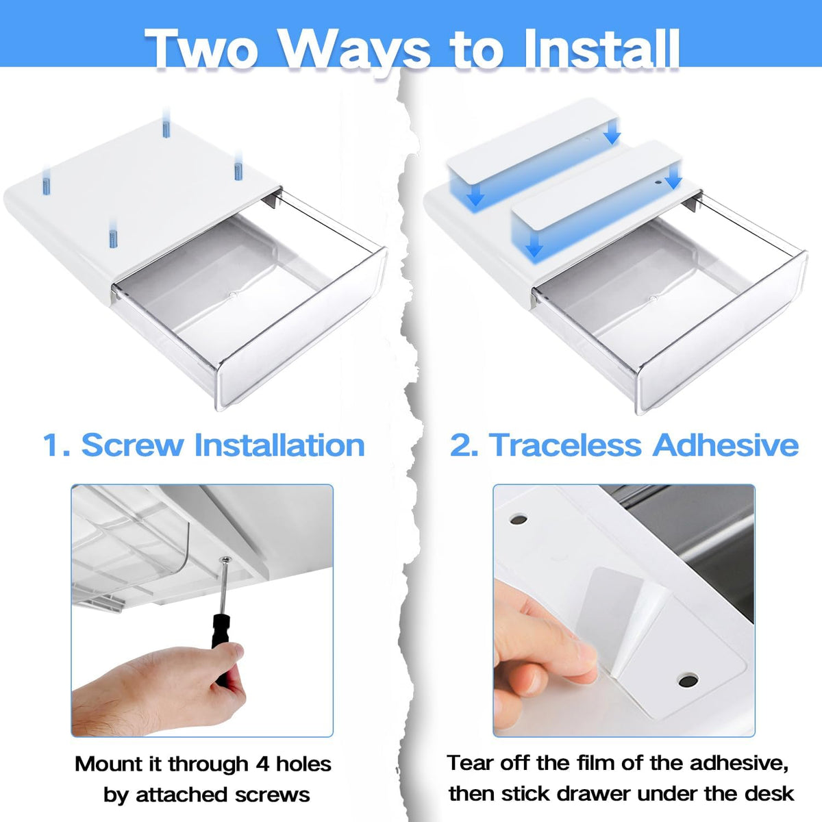 OSPNIEEK Self-adhesive Under Desk Drawer Organizer, 2 Pack Table Hidden Slide Out Large Storage Mounted Desktop Pencil Holder Tray Drawers for Office Home School Stationery Kitchen (Large, White) - Field & Nook