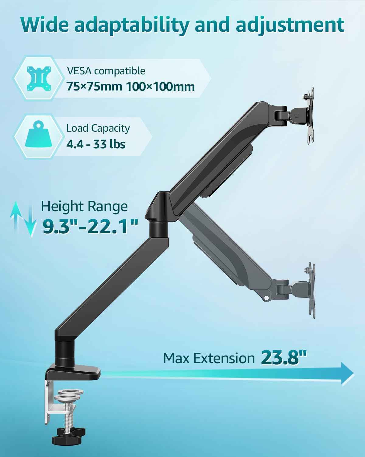 Heavy Duty Single Monitor Arm for Max 42 Inch Hold up to 33 lbs | Monitor Mount Desk Mount Height Adjustable Ultrawide Monitors Stand VESA Mount 70/100