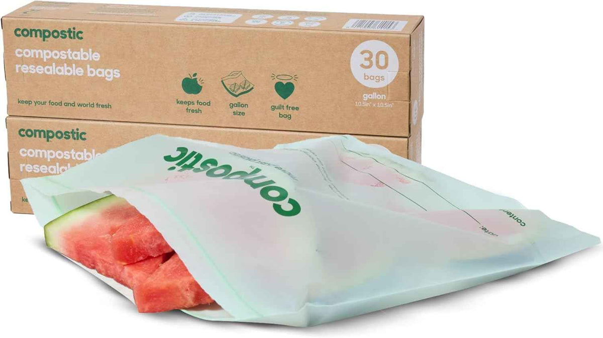 Home Compostable Resealable Gallon Bags (10.5"x10.5"), Microwave & Freezer Safe, Organic Food Storage Container, 30 Count (Pack of 2)