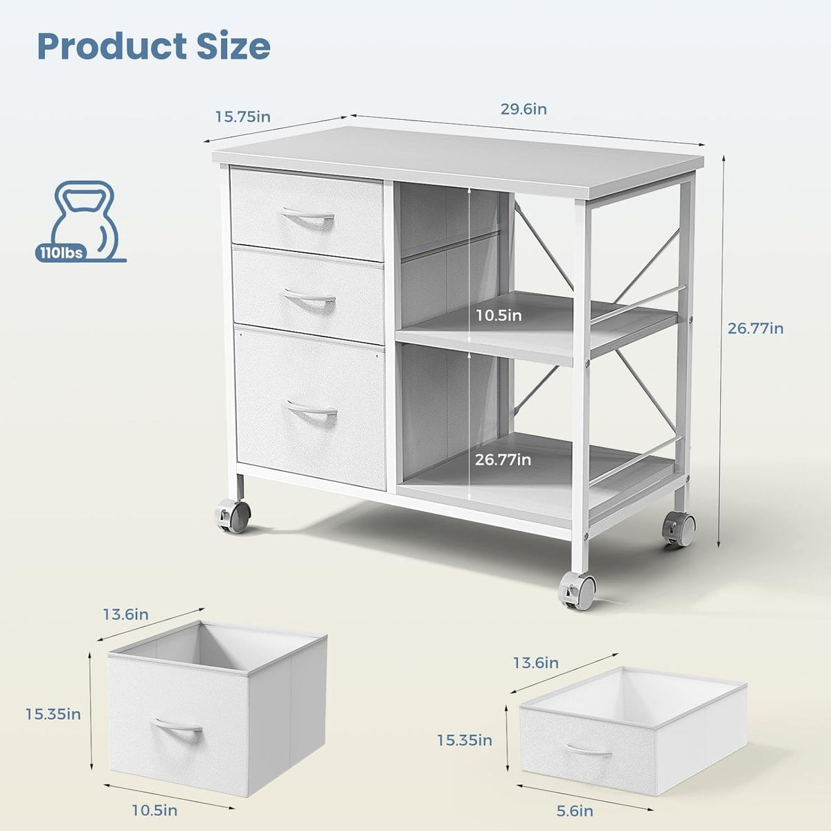 Healsmart Heavy Duty Mobile File Cabinet with 3 Fabric Drawers, Rolling Printer Stand with Back Support & Open Shelf, Multifunctional Storage Organizer for Home Office, White - Field & Nook