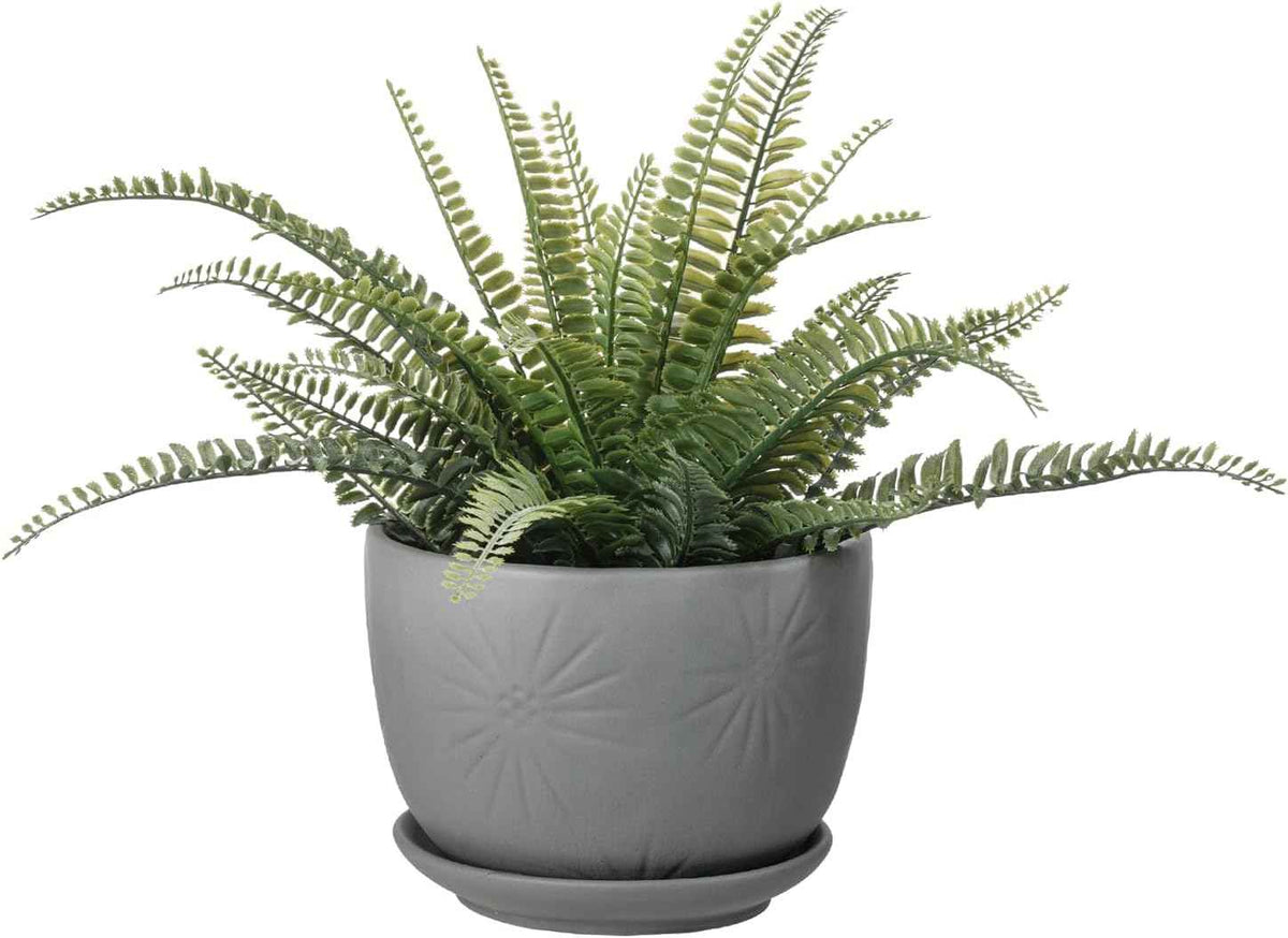 MyGift 7 Inch Grey Ceramic Plant Pot with Drainage Hole and Attached Saucer, Modern Decorative Embossed Sunburst Planter Container for Indoor Home Garden