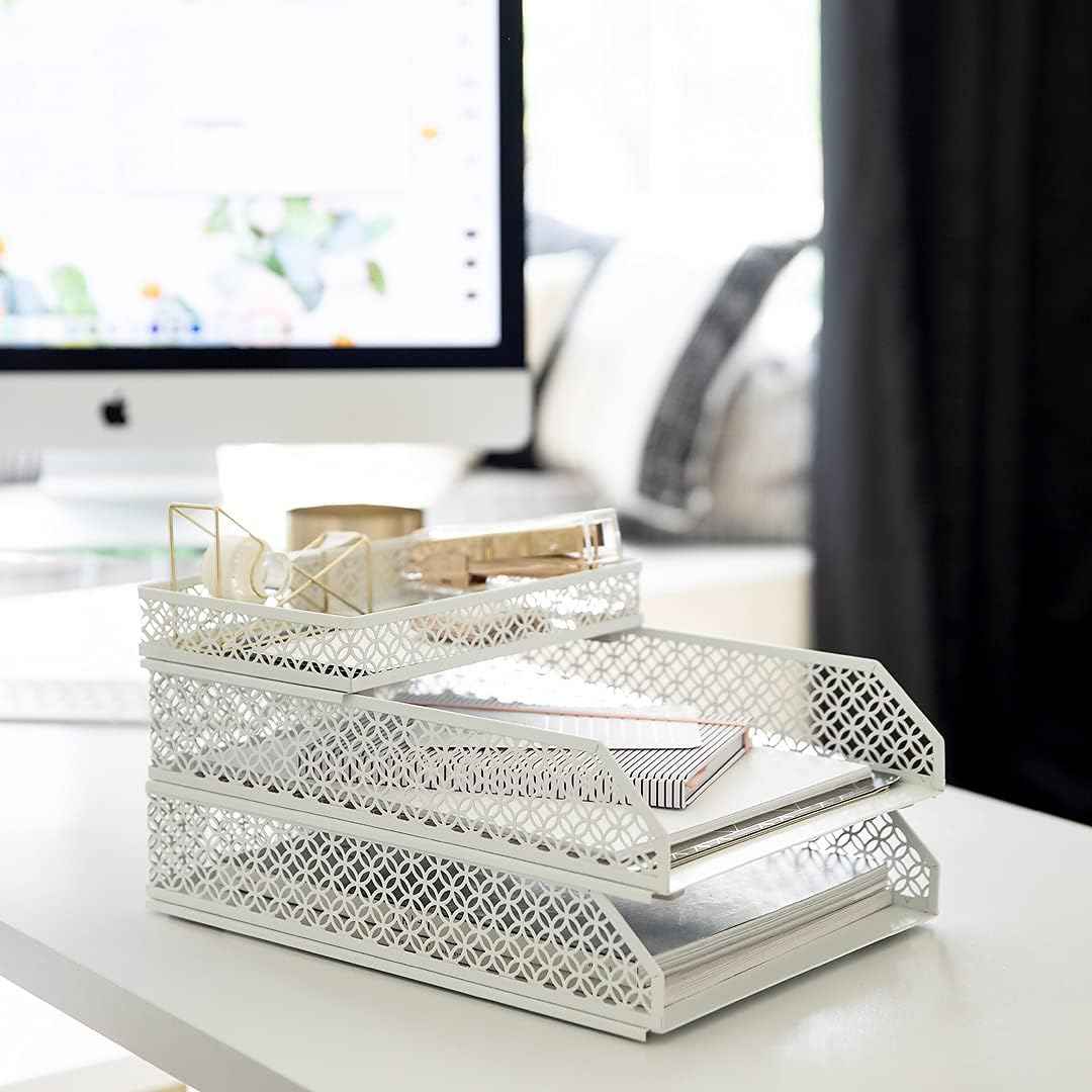 BLU MONACO | White Desk Organizer Set | 6 Piece Metal Desk Organizer with Pen Cup, Accessory Trays, and Letter Trays | Desk Organizers and Accessories for Office
