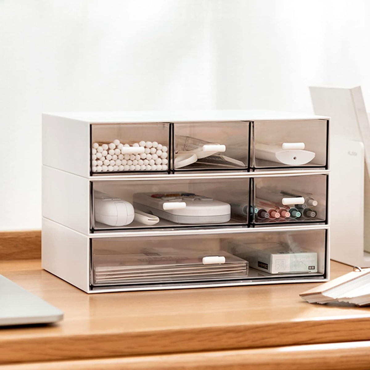 Desk Organizer-3 Tier Stackable Storage Drawers with 6 Compartments White Compact Desk Storage Drawers Great for Makeup Storage Bathroom Organization Accessories Etc (White) - Field & Nook