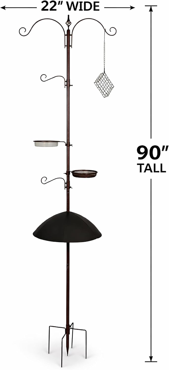 Backyard Expressions 90" Bird Feeding Station for Outdoors, Heavy Duty Bird Feeder Pole with Squirrel Baffle, Shepherd Hooks, Suet Cage, Water Bowl & Tray, Multi Hook Bird Feeder Stand for Yard Garden