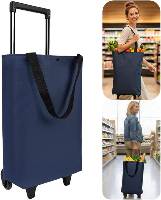 Rolling Shopping Bag, Small Shopping Cart with Wheels,Collapsible Portable Waterproof Tote for Market & Grocery Runs–Gift for Women & Seniors(Blue) - Field & Nook