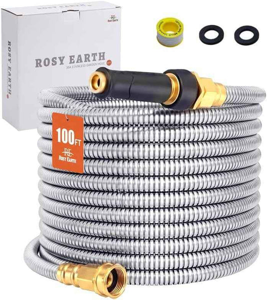 Rosy Earth Stainless Steel Garden Hose 100 FT, Heavy Duty Expandable Water Hose, No-Kink, No Bite, Flexible Garden Hoses for Yard, RV, Car