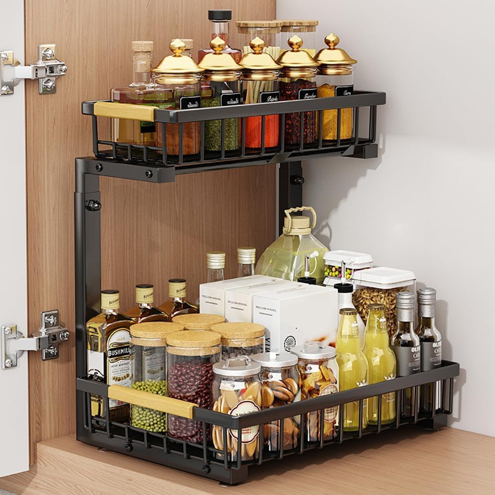 Takywep 2 Tier Pull Out Cabinet Organizer, Adjustable Under Sink Slide Out Shelf with L-Shape Design, Metal Storage Basket for Kitchen, Bathroom Counter Organization - Field & Nook