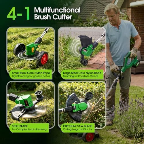 20000RPM Cordless Weed Wacker, 11" Cutting Range 4-in-1 Battery Powered Weed Eater, 21V Lightweight Brush Cutter, 800W String Trimmer Lawn Edger with 2 Batteries & LED Display