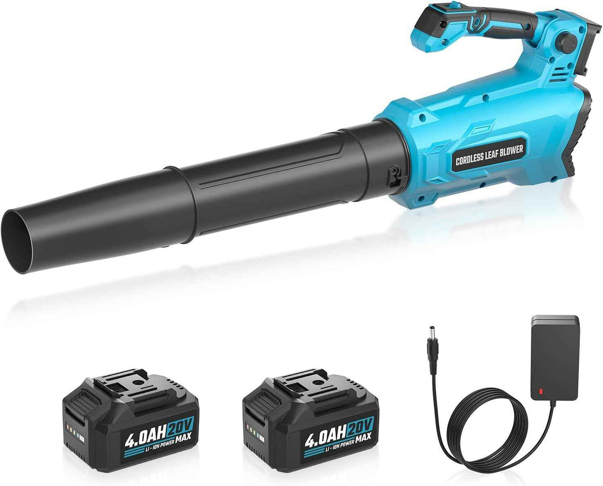 VERVEWAVE Leaf Blower Cordless, 20V Electric Blower with 2 X 4.0Ah Battery & Charger, 450-CFM 150-MPH Turbo Jet Blower with Adjustable Angle Handle, for Lawn Care, Garden, Yard