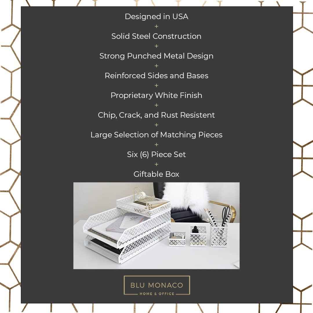BLU MONACO | White Desk Organizer Set | 6 Piece Metal Desk Organizer with Pen Cup, Accessory Trays, and Letter Trays | Desk Organizers and Accessories for Office