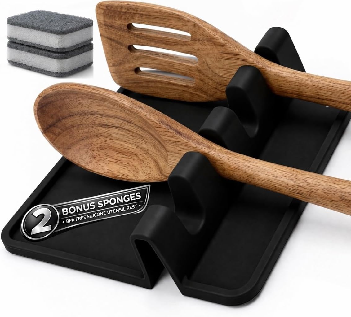 4-Slot Silicone Utensil Rest with Drip Pad – Black