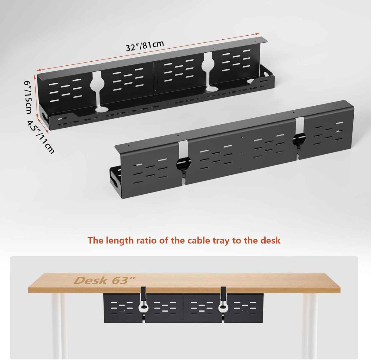 32-Inch Under-Desk Cable Tray – Dual-Mount Steel Cord and Power-Strip Organizer, Black