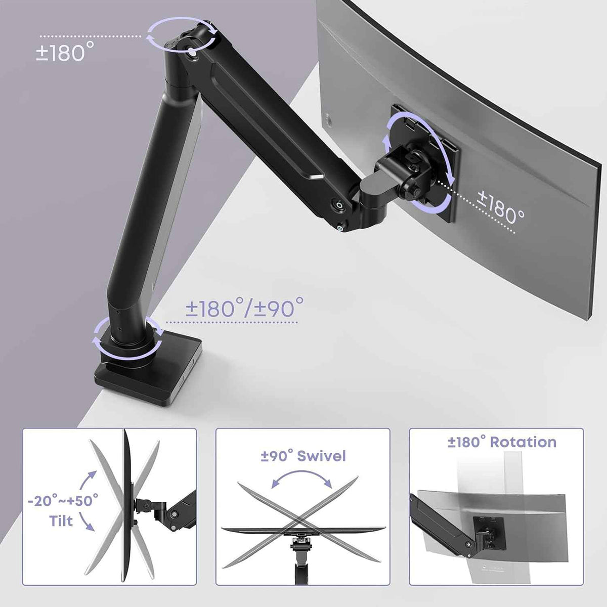 Heavy Duty Monitor Arm for Ultrawide Screens up to 49 inch and 39.6lbs, Premium Aluminum Single Desk Mount Stand with Gas Spring, VESA 75x75/100x100