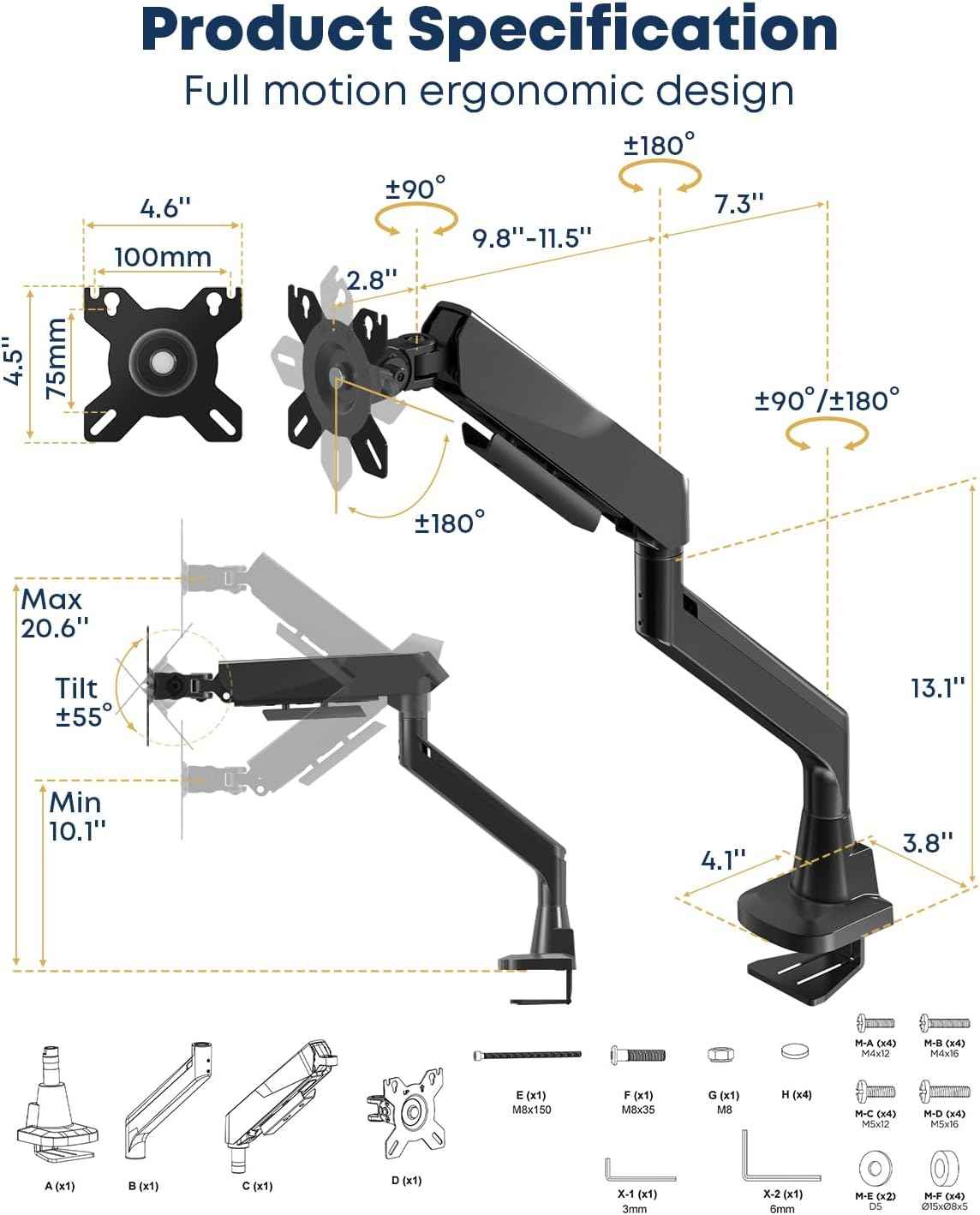 Ultrawide Monitor Arm fits 17-49 Inch Heavy Duty Flat/Curved Monitor | Cable Management, Full Motion, Gas Spring Arm, Holds 35.2 lbs with Clamp & Grommet Desk Mount, VESA 75/100mm, Black