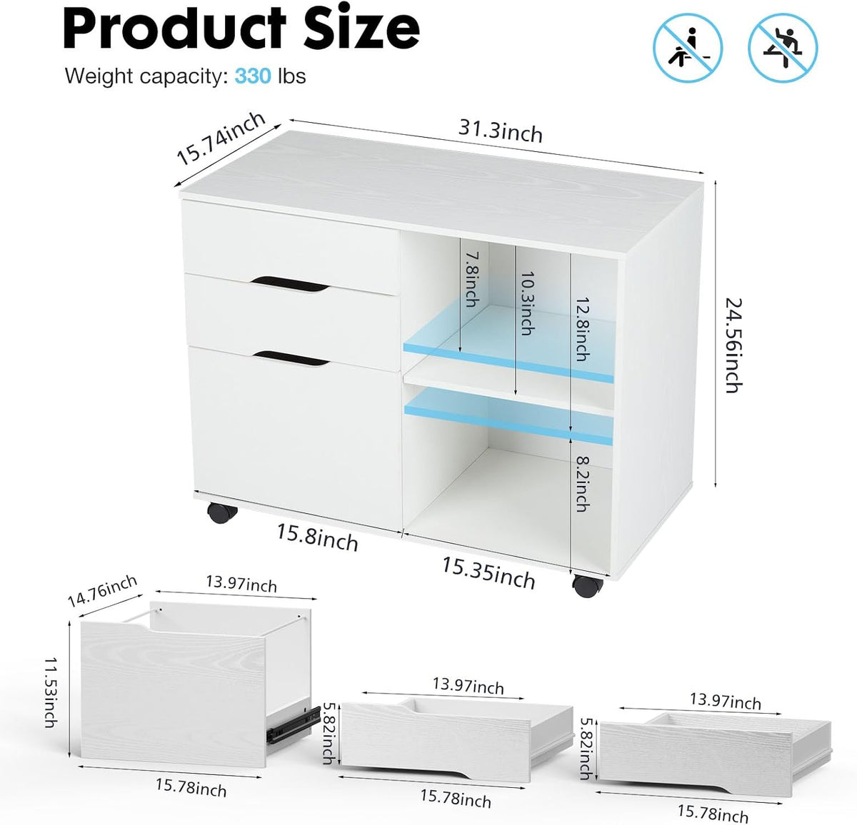 OLIXIS 3 Drawer Lateral File Cabinet, Rolling Printer Stand with Storage | Mobile Filing Cabinet Fits Under Desks, Holds A4/letter Files with Hanging Frame and Lockable Wheels, White - Field & Nook