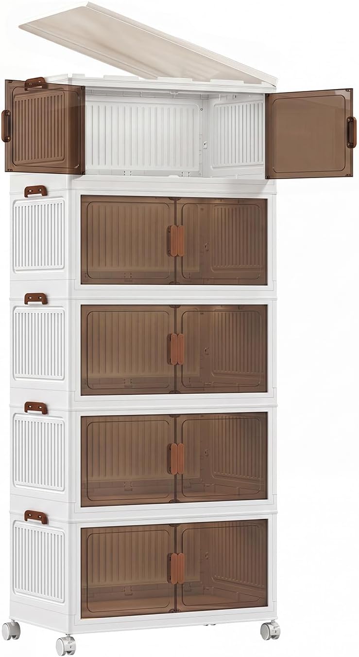 120QT Stackable Storage Bins With Lids, Collapsible Plastic Storage Bins with Wheels and Doors, Foldable Plastic Cabinets for Bedroom Dorm Garage Office Kitchen, 5 Pack - Field & Nook