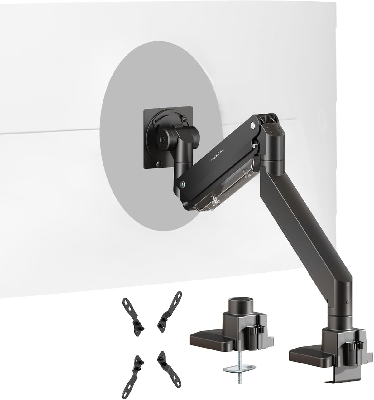 Hexcal Heavy Duty Monitor Arm for 57" Ultrawide Screens, Support up to 59.4 lbs, Full Motion Desk Mount with Quick Release VESA (75/100/200mm), C-Clamp & Grommet Base, Space-Saving Design - Field & Nook