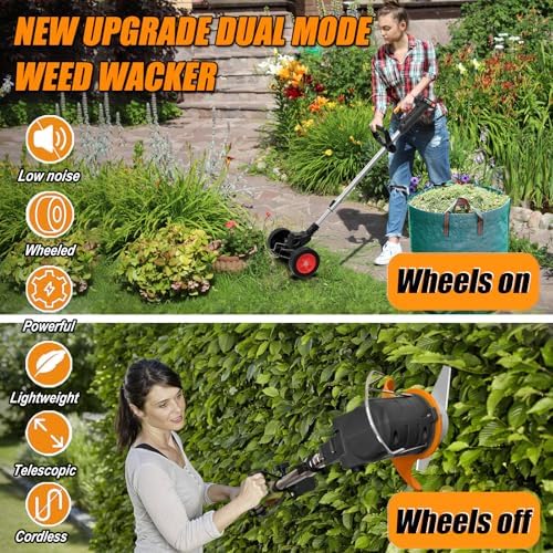 Electric Weed Wacker, Cordless Weed Eater Battery Powered, 21V No String Trimmer with Wheels & Metal Blades, Lightweight Grass Trimmer/Brush Cutter/Lawn Edger, Stringless Weed Trimmer for Yard Garden