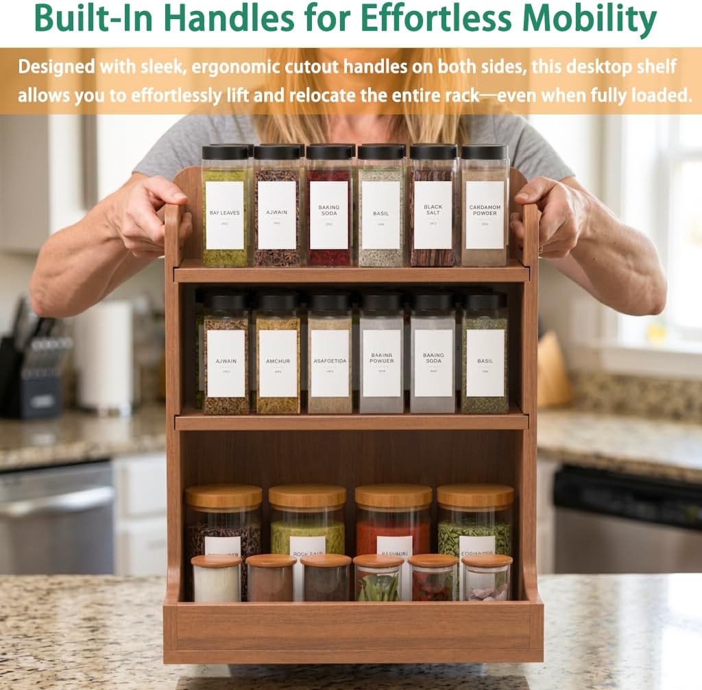Solid Wood 3-Tier Spice Rack Countertop Organizer Kitchen Storage Shelf - Field & Nook