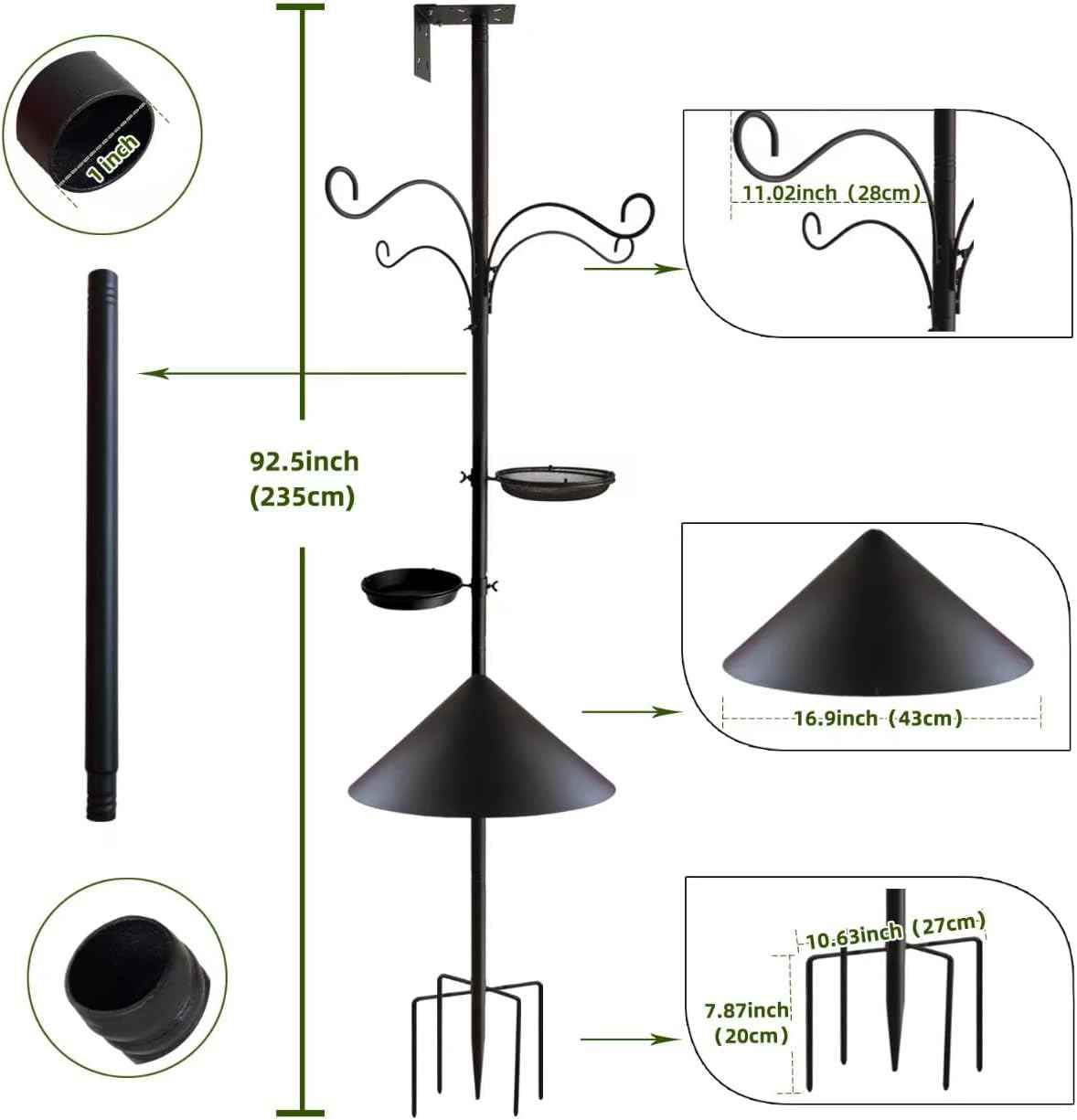 Bird Feeder Pole - 92 Inch Heavy Duty Birdhouse Stand with Squirrel Proof Baffle for Outdoor, Adjustable Bird Feeding Station with Multi Shepherds Hooks Mental Trays for Garden Attracting Wild Birds