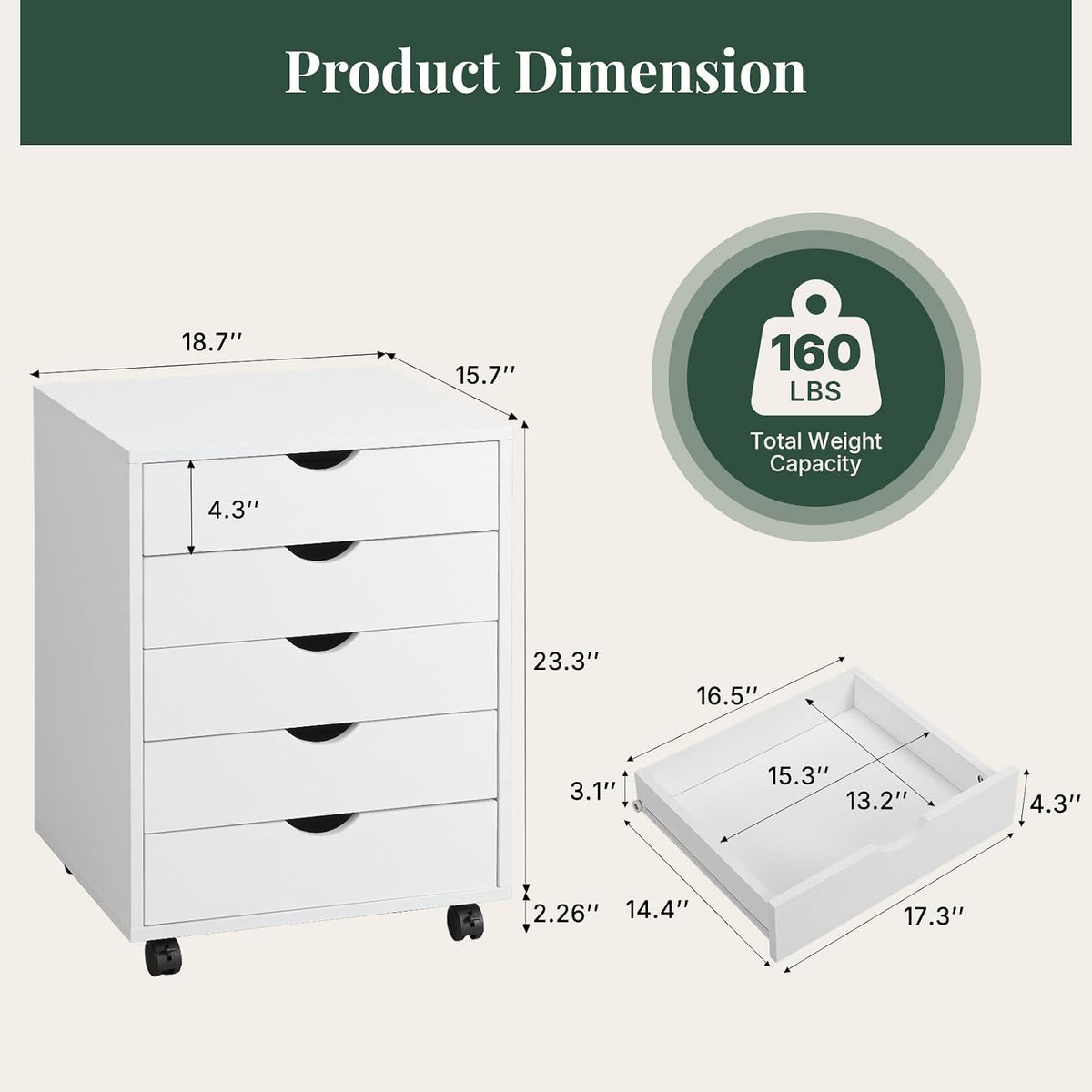 Mobile File Cabinet Under Desk, 5 Drawer Storage Organization | Printer Stand with Wheels, Vertical Filing Chest Rolling Wood Small Desk Printer Stand for Home Office, Living Room, White - Field & Nook
