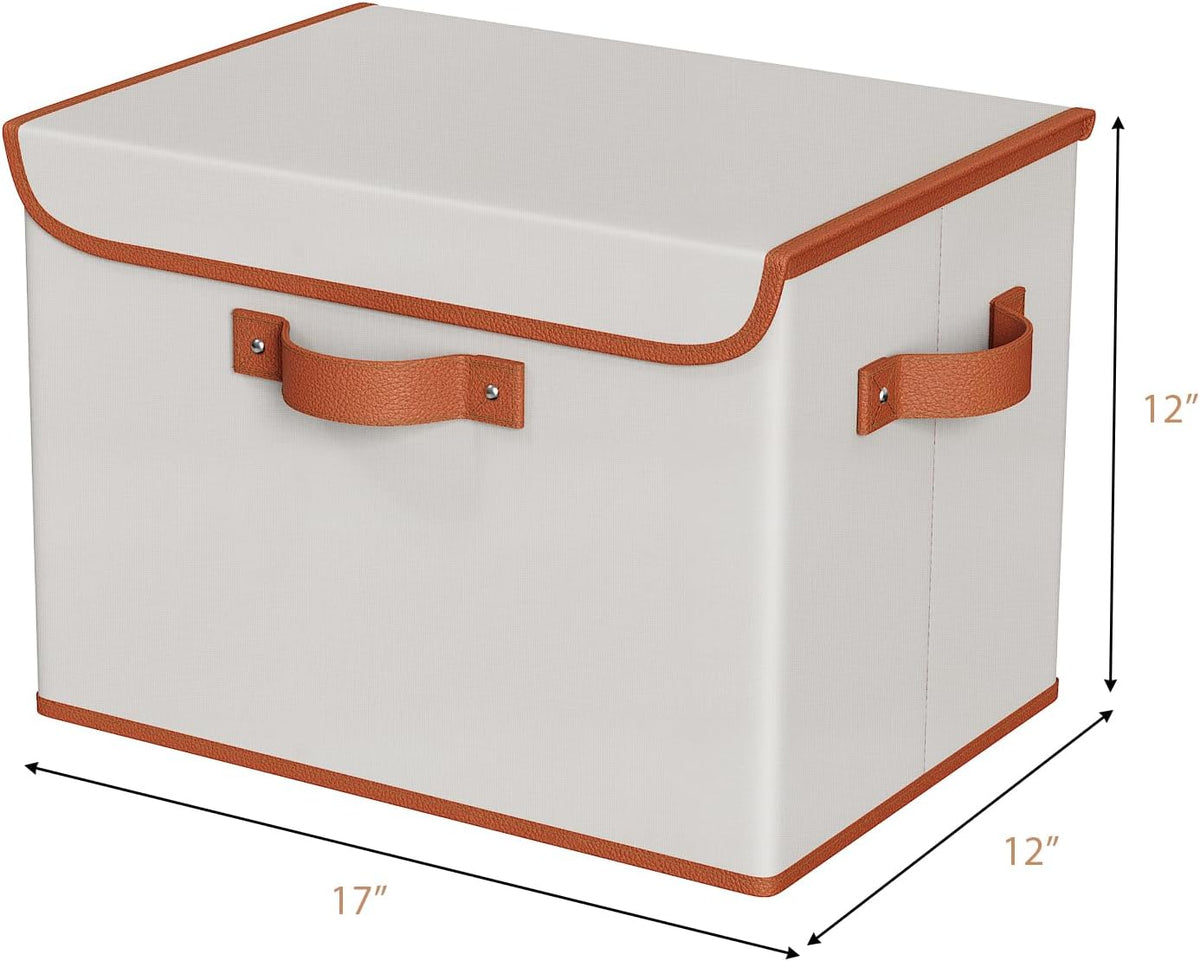 Univivi Fabric Storage Bins with Lid, Stackable Storage Box, Beige, 3 PCS | Heavy Duty, Large Capacity, Leather Handle, Oxford Fabric, Sturdy PP Board, Storage Bins for Bedroom, Closet, Nursery, Office - Field & Nook