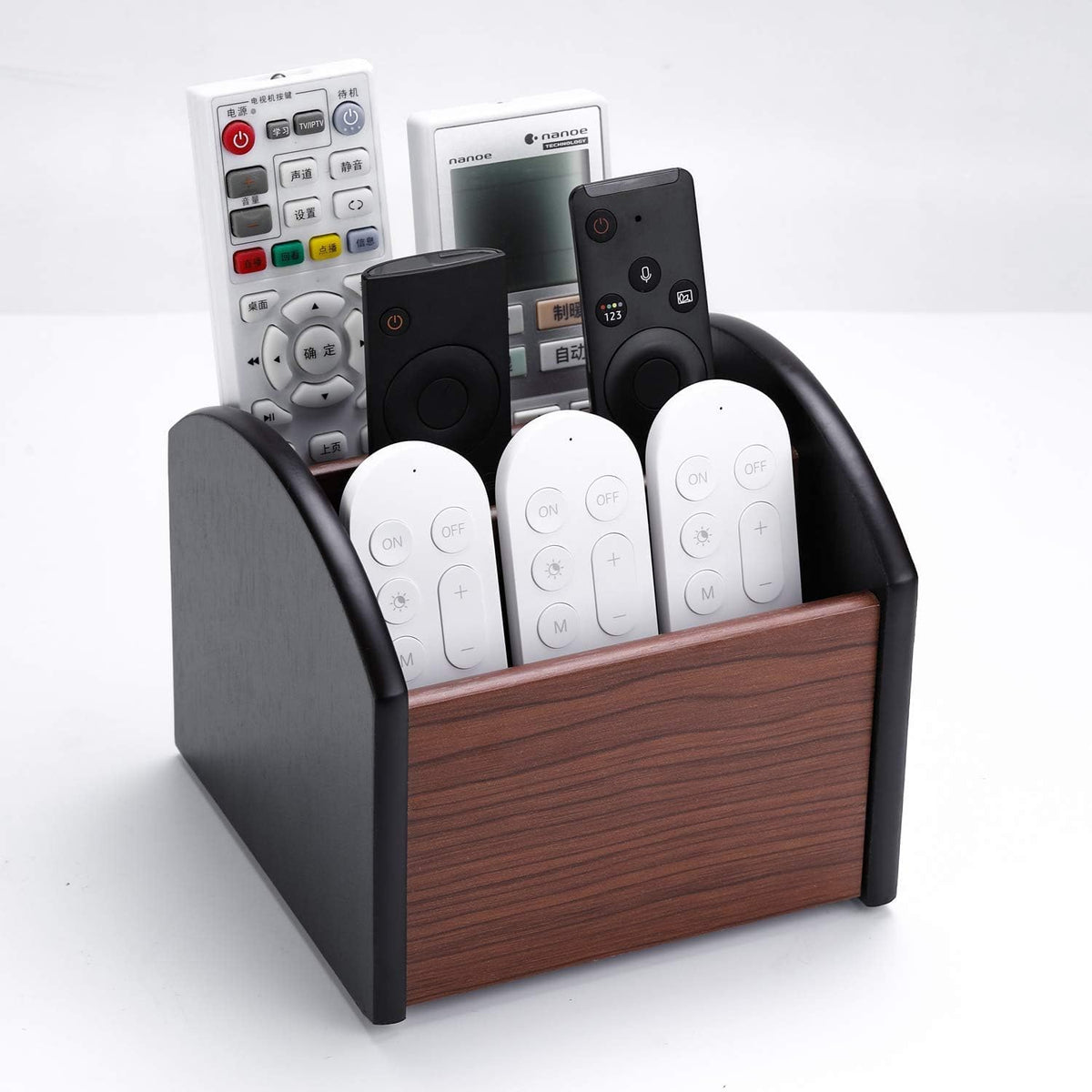 Rotating Remote Control Caddy – Four-Compartment Wood Organizer