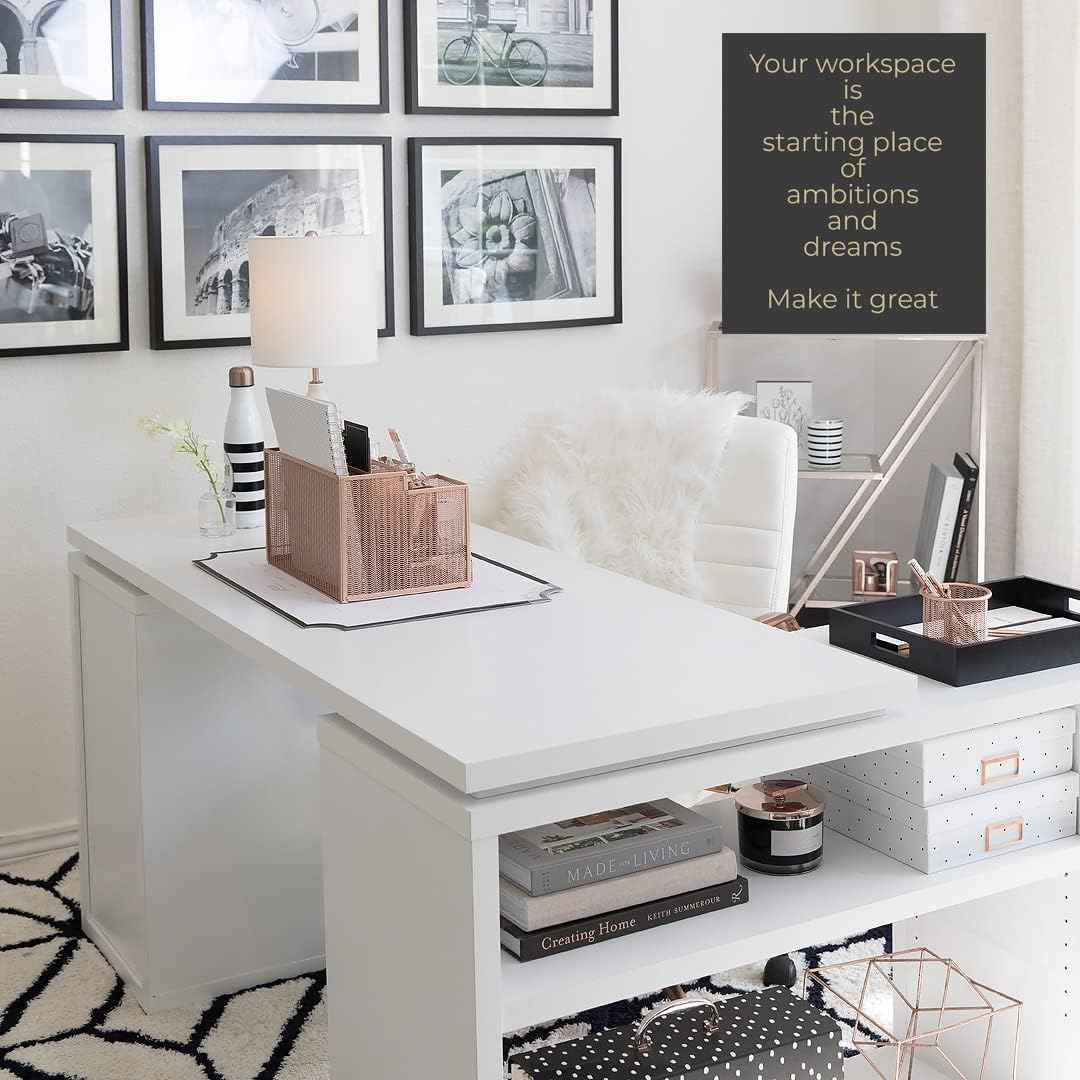 BLU MONACO | Rose Gold Desk Organizer with Sticky Note & File Holder | Metal Mesh Desktop Organizer with Large Drawer & 8 Compartments | Stylish Office, Vanity & Countertop Storage