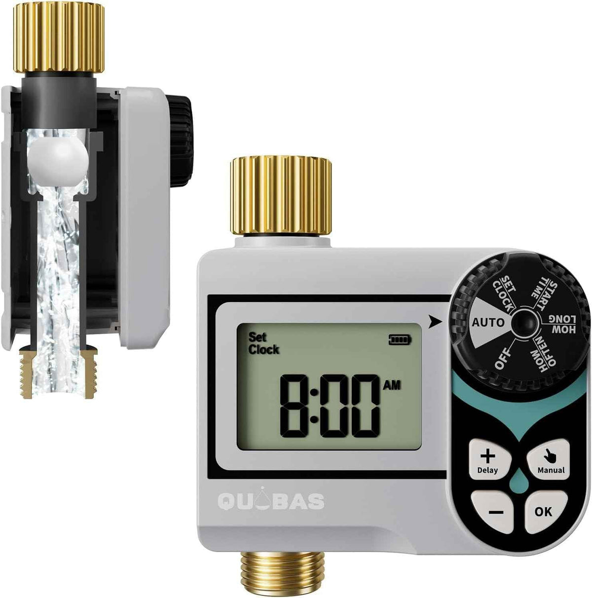 QUOBAS Zero Pressure Water Timer, Programmable Sprinkler Timer for Garden Hose Faucet with Brass Ports, Rain Delay/Manual/Automatic Irrigation System, Low Pressure Watering Compatible Rain Barrel