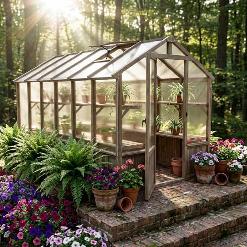 6x12 FT Greenhouse for Outdoors Cedar Wood Green House with 6MM Polycarbonate Panel & Adjustable Vents Walk in Greenhouses Kit for Outdoor,Backyard,Garden