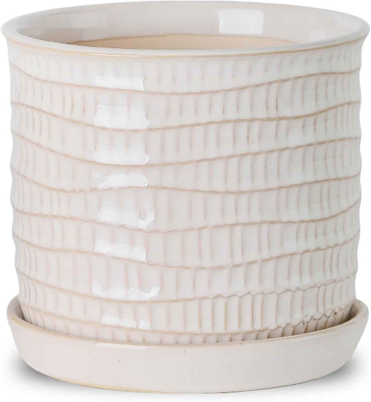 5.8 Inch Plant Pot: Ceramic Planter with Drainage Hole & Saucer for Indoor Outdoor Plants - Flowerpot with Bonded Tray for Home Office - Wave Embossed