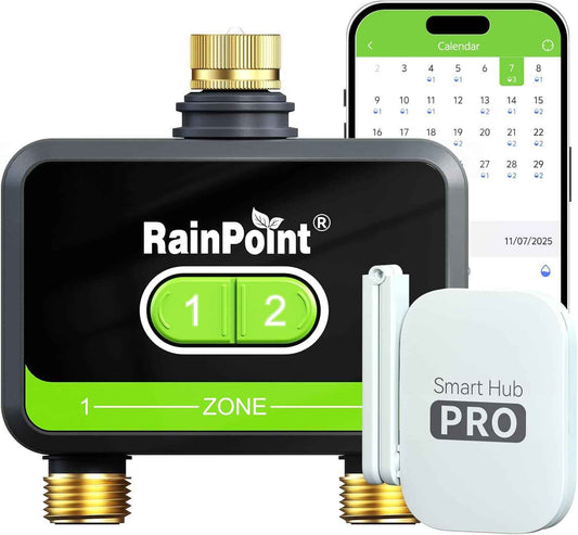 RainPoint WiFi Water Timer for Garden Hose with Brass Inlet & Outlet, 2-Zone Smart Hose Timer, WiFi Irrigation Controller via APP/Voice Control, Automatic Sprinkler Watering System for Lawns and Yard