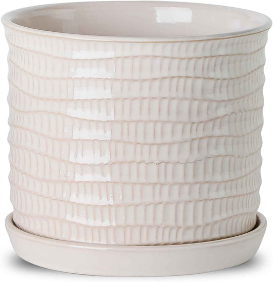 8 Inch Plant Pot: Ceramic Planter with Drainage Hole & Saucer for Indoor Outdoor Plants - Flowerpot with Bonded Tray for Home Office - Wave Embossed
