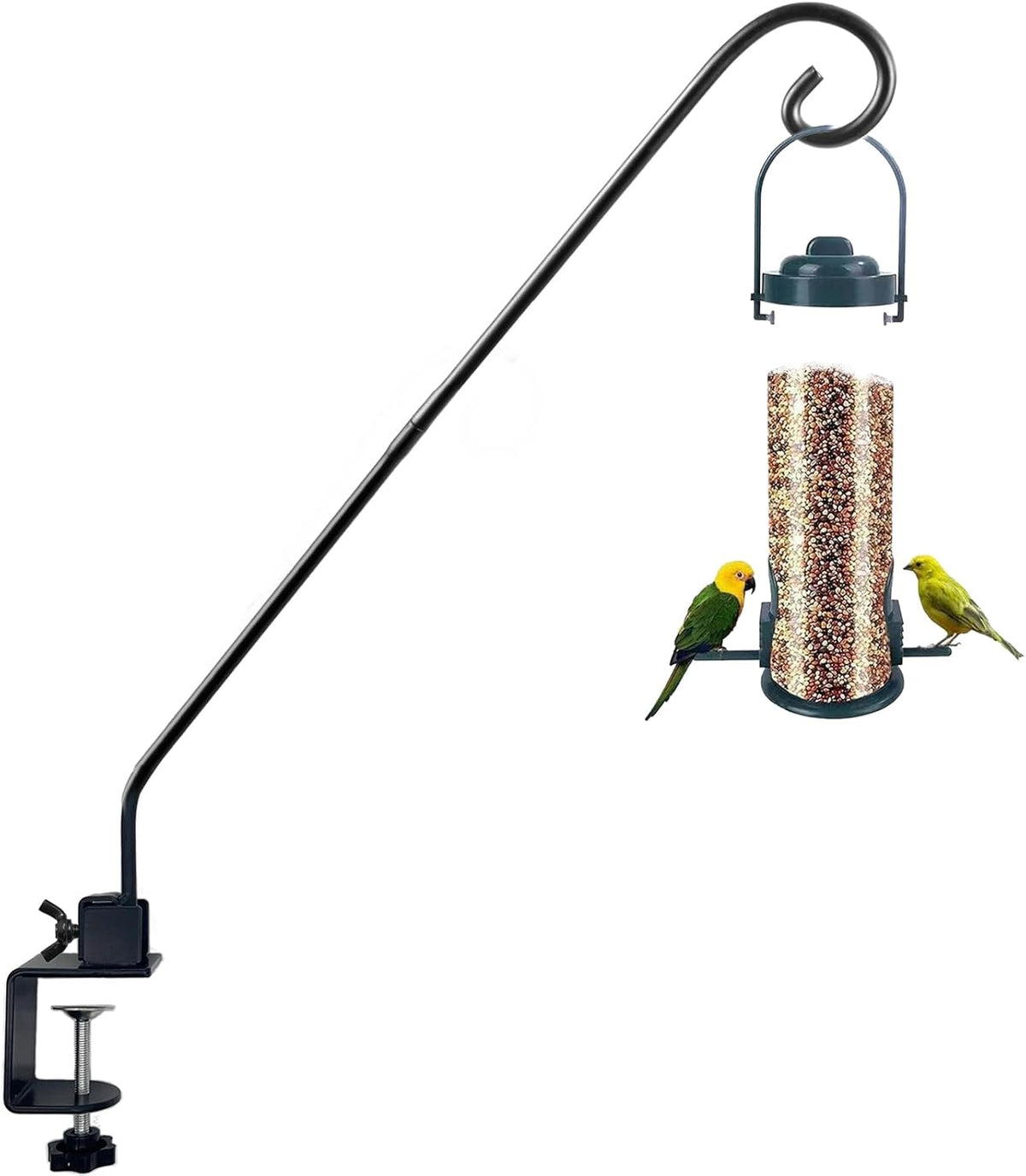 Heavy Duty Deck Hook,Courtyard Decoration,Pole 32”Long Metal Deck Railing Hooks for Hanging Bird Feeders,Planters,Suet Baskets,Lanterns,Wind Chimes,Clamp Mounted,Under 15 LBS