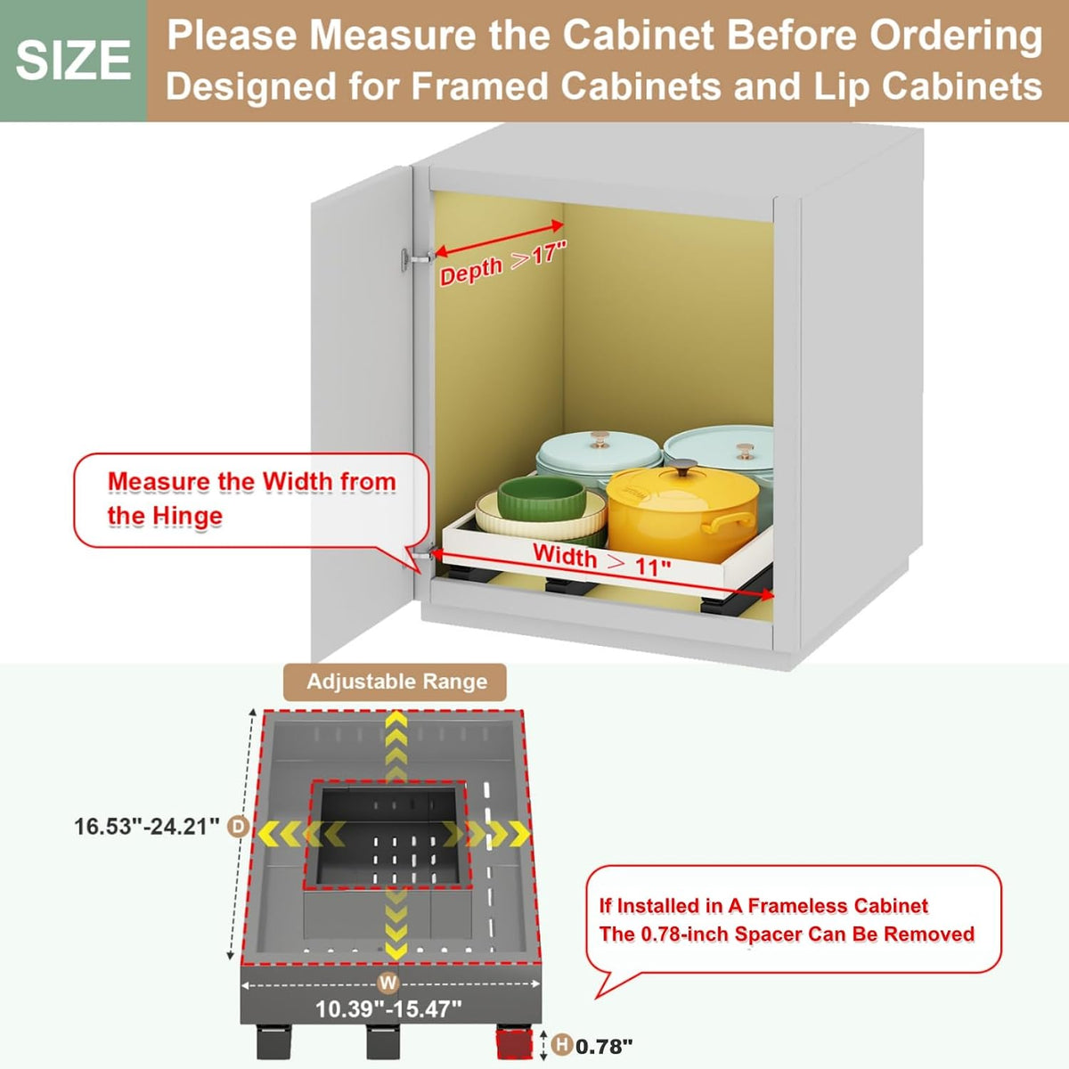 Fokyfok Pull out Cabinet Organizer,11"-16"W,17"-24"D,Expandable,Adhesive | No Drill,3 Rails,Roll out Drawers,Adjustable Slide out Shelves for Kitchen,Pantry,Framed and Framless Cabinets,Black,1PC - Field & Nook