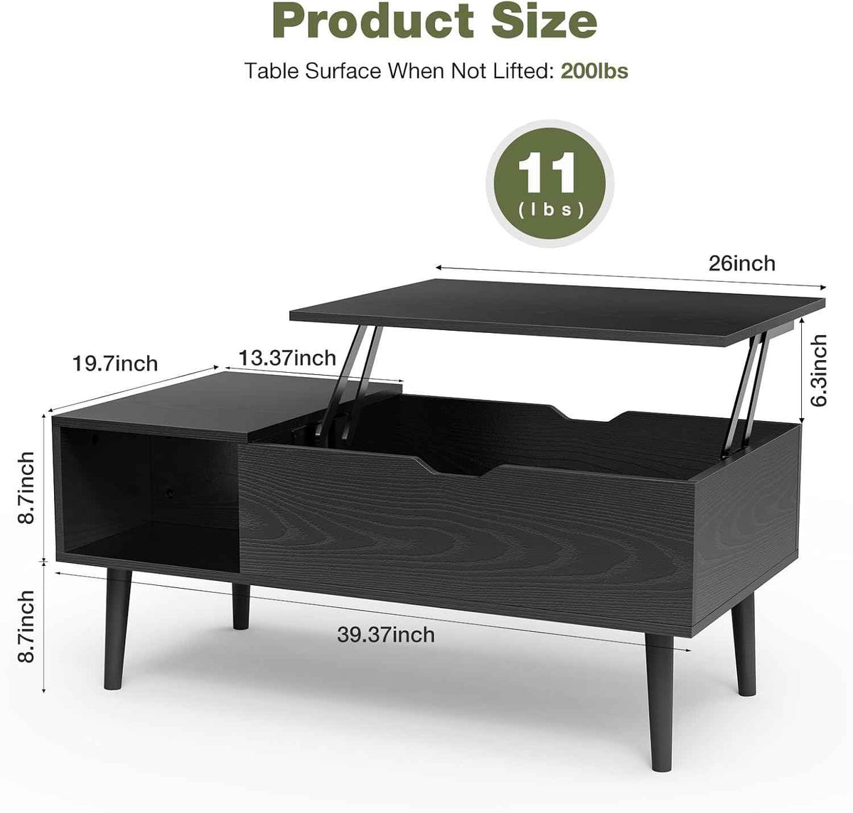 OLIXIS Lift Top Coffee Table with Hidden Storage, Black