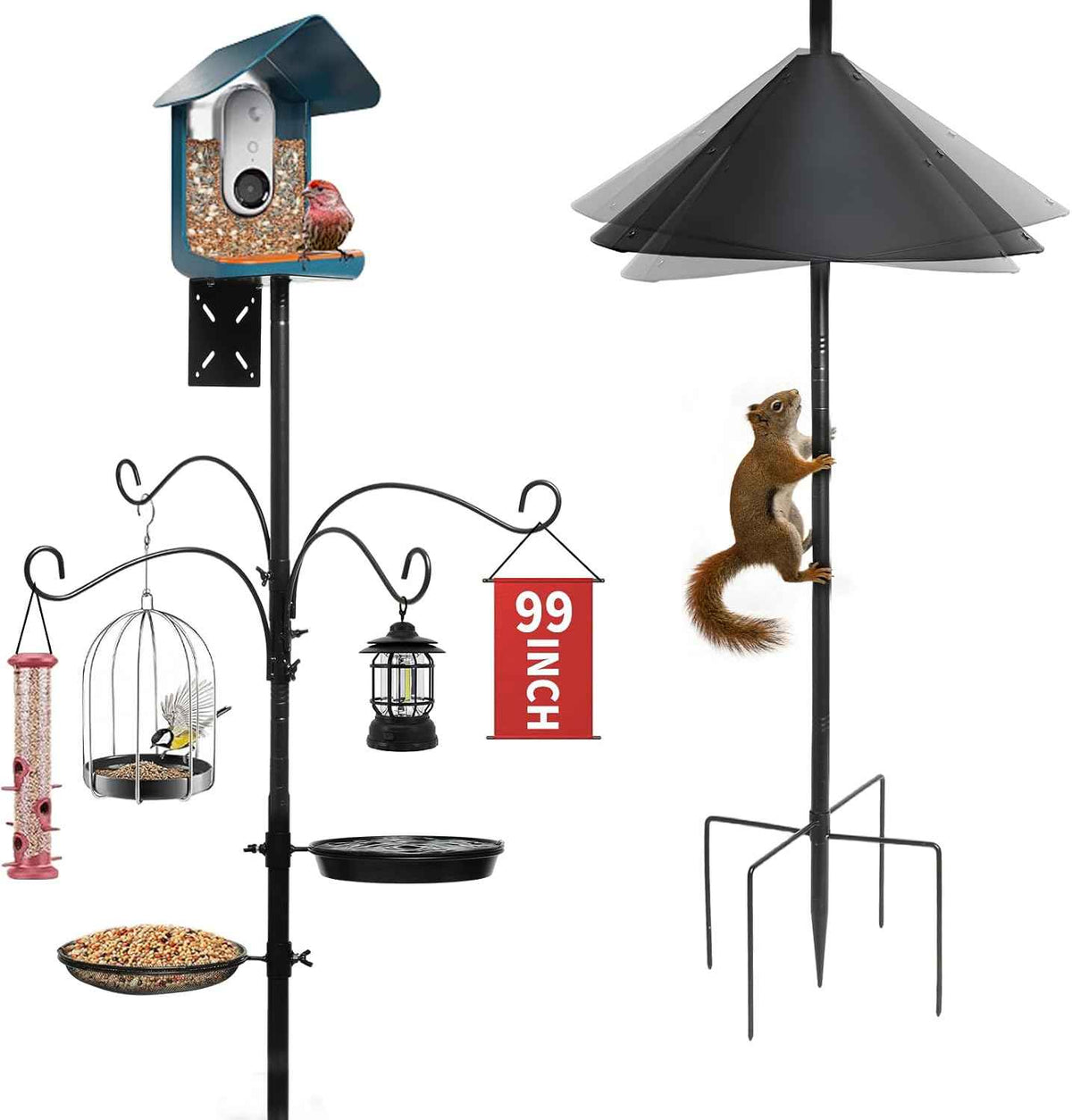 99 Inch Bird Feeder Pole with Squirrel Baffle, 360° Rotating Heavy Duty Bird House Pole for Outdoors Garden Yard, Adjustable Height Bird Feeder Stand with Shepherds Hooks Metal Trays