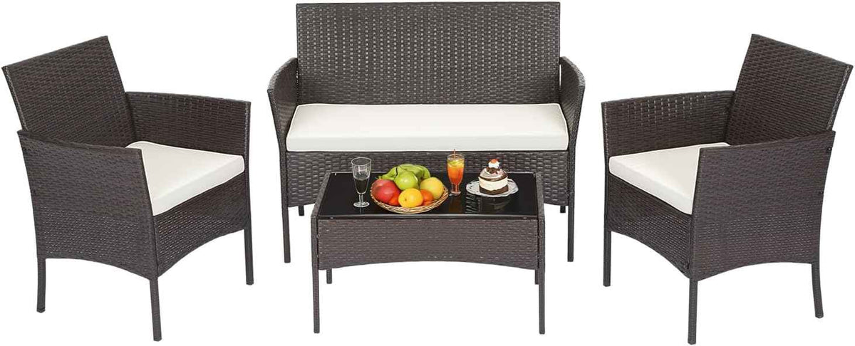 FDW | 4-Piece Patio Furniture Set | Brown | Outdoor Wicker Furniture