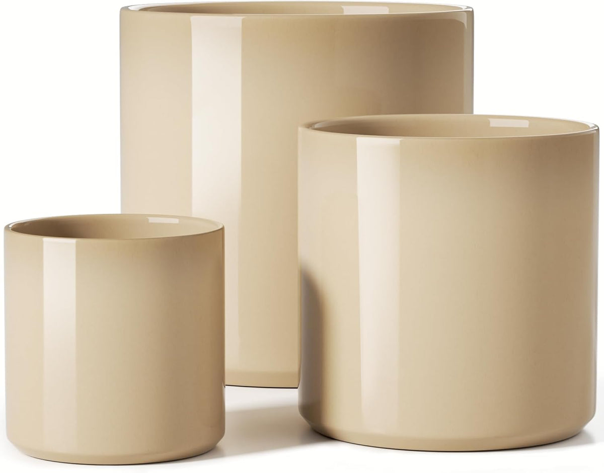 LE TAUCI Ceramic Plant Pots Indoor, 10+8+6 Inch Planters for Indoor Plants, Mid-Century Modern Flower Pots with Drainage Hole and Plug, Cylinder Round Planters, Set of 3, Cloud Cream