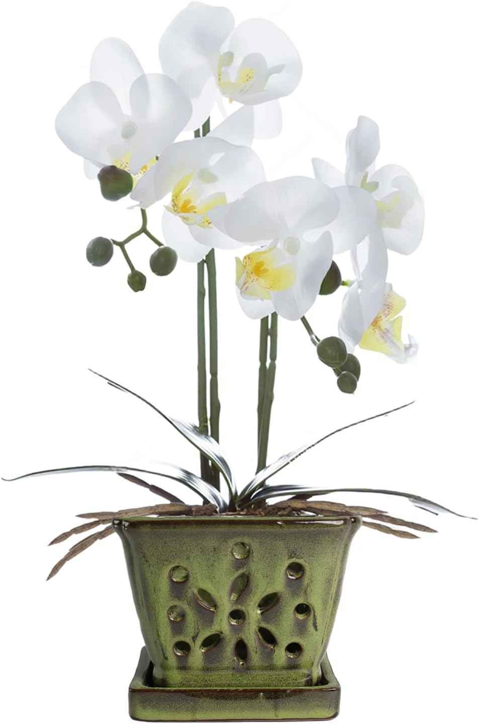 vensovo 5.5 Inch Orchid Pot with Holes Rectangular for Repotting, Ceramic Orchid Planter Indoor/Outdoor Use with Enhanced Airflow & Drainage, Green