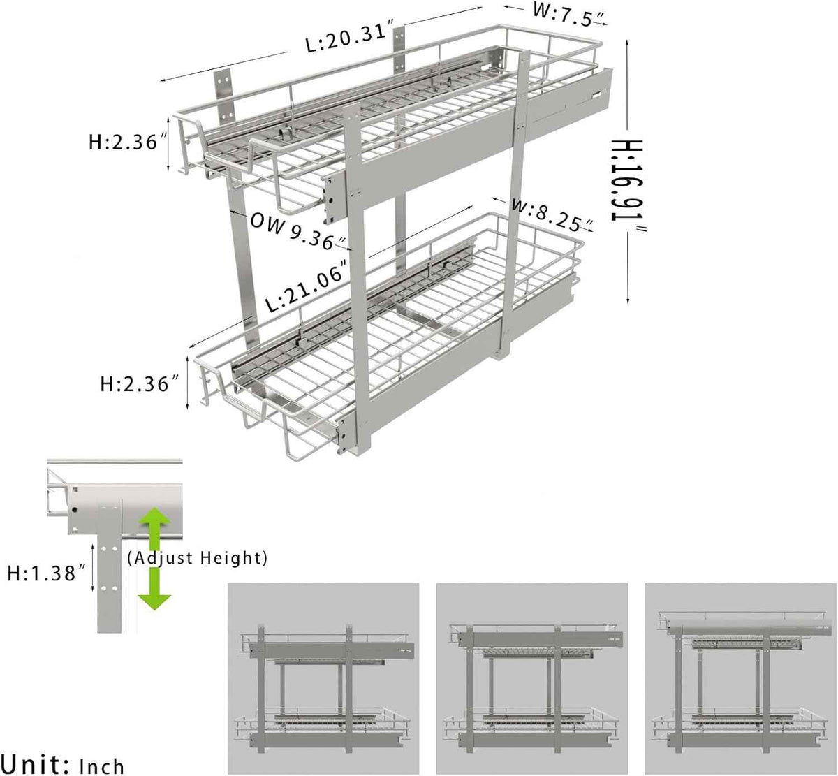 EZKAZA 2-Tier Pull Out Cabinet Organizer, 9.5"W x 21"D